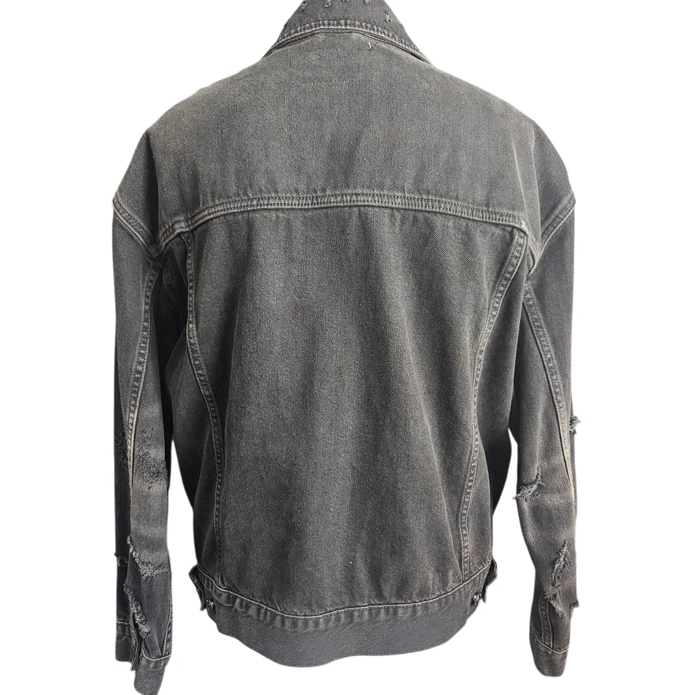 Free People Distressed Denim Jacket Black S (Fits Like M) Thrashed Grunge Skater - Picture 3 of 15
